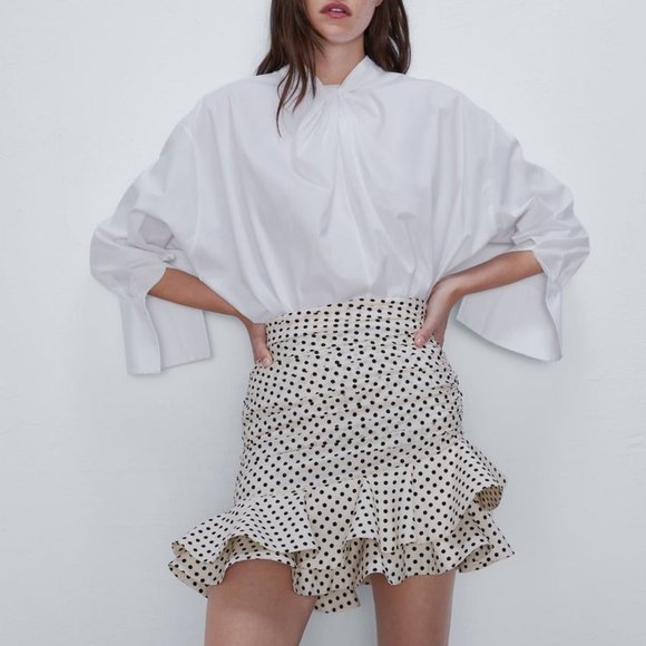 Zara cream polka dot ruffle pleated skirt NWT - Picture 2 of 6